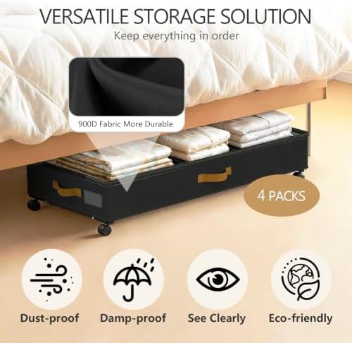 Under Bed Storage with Wheels 2-Pack, 75L XXL Under the Bed Storage Containers Large, 12" Tall Adjustable Storage for Underbed with Lids, Rolling for Clothes, Shoes, Blankets (4PCS-Black)