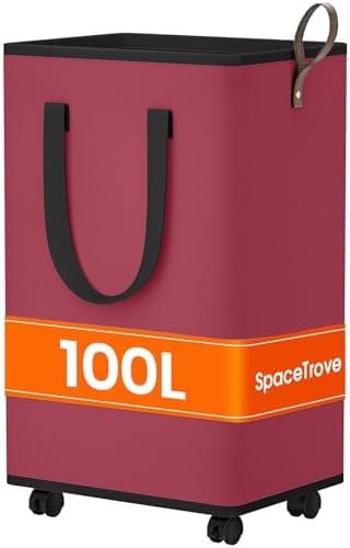 SpaceTrove Rolling Laundry Basket with Wheels, Laundry Hamper, 100L, Red | Collapsible, 4 detachable wheels including 2 with brakes, sturdy handle, metal frame, for dorms, bathrooms and bedrooms