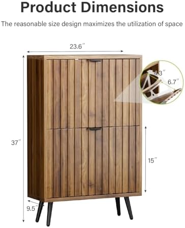 Smart FENDEE Fluted Shoe Storage for Entryway, Walnut Hidden Cabinet with Metal Legs, Organizer with Flip Doors, Slim Entryway Storage