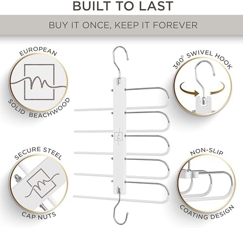 MORALVE Pants Hangers Space Saving - 2 Pack European Beechwood Scarf and Jean Hangers - Closet Organizer and Space Saver Pant Rack, Leggings Hanger, and Scarf Holder with 360° Swivel Hook