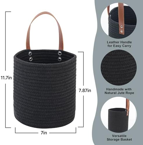 MEGASKET 2 Pack Hanging Basket, Small Wall Baskets for Organizing, Wicker Boho Wall Decor Set, Indoor Hanging Plant Holder, Rattan Woven Storage Bin for Home Decor, Farmhouse Storage Box, Black