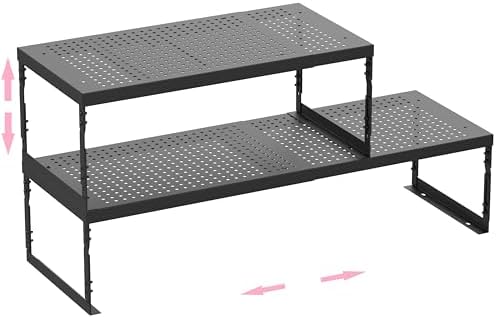 Stackable Expandable Metal Shelf Organizer - Adjustable Wire Storage Rack with Holes for Kitchen, Bathroom, Cabinet, Office - Space Saving, Durable & Sturdy Design（2PACKS/Large/Black