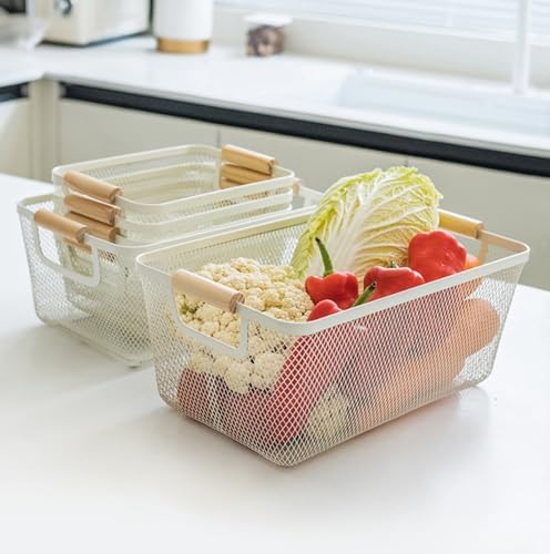 AJIODA Metal Mesh Steel Basket, Large Wire Storage Organizer Basket Multi-function Hanging Kitchen Baskets with Wood Handle for Kitchen Bathroom Picnic Home, Rectangle-Off White