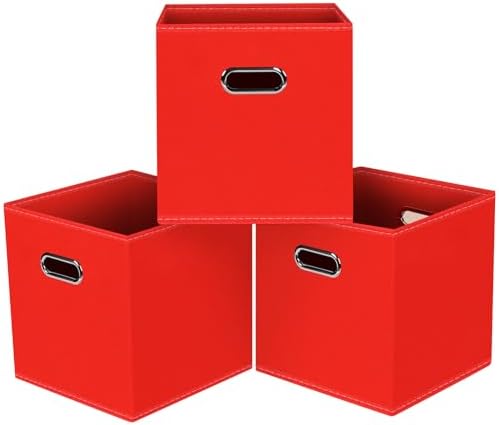 Black Foldable Storage Cubes Bins, Fabric Storage Box Cubes Organizer Baskets with Dual Handles for Home Organizer,Set of 3,(Red)