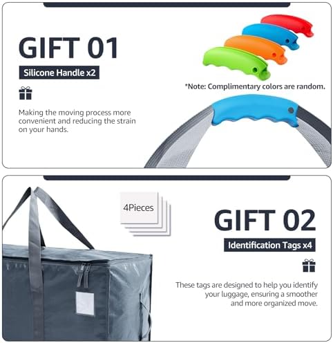 Moving Bags Heavy Duty Extra Large, Moving Boxes, Moving Supplies Essentials,Storage Bins with Lids, Plastic Packing Totes, Storage Bags for Clothes with Handles & Zippers(Grey, 4 Pack)