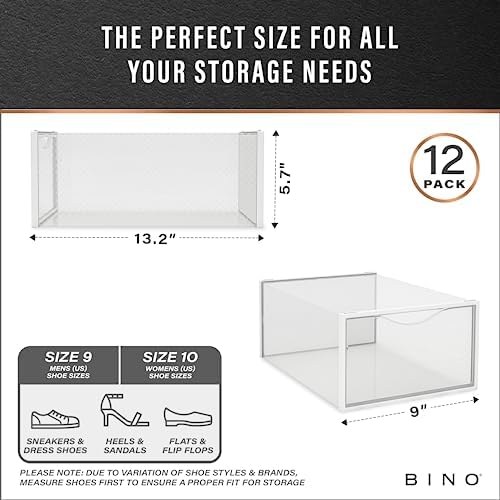 BINO 36-Pack Plastic Stackable Shoe Box Set - Clear | Foldable Shoe Storage Container | Sneaker Bins | Shoe Rack Box | Transparent | Portable Stacking Shoe Boxes Front Open