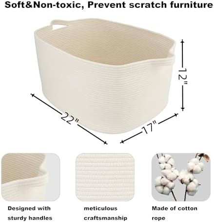 XUANGUO Large Rectangle Woven Cotton Rope Blanket Basket 22"x17"x12" White | Storage basket for nursery and living room; toy basket for kids, dog toy storage, or laundry basket for clothes and towels.