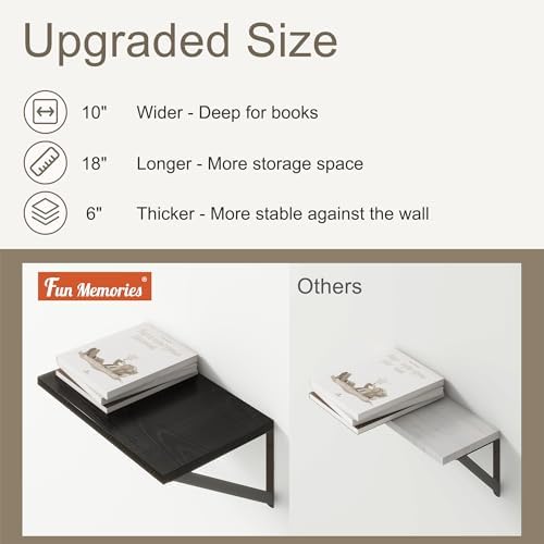 Fun Memories Black Floating Shelves 18 Inch Long, Rustic Floating Shelf with Brackets, 10 Inch Deep Wall Shelves, Black Bathroom Shelves, 18 x 10 Storage Shelf for Kitchen, Living Room, Set of 2
