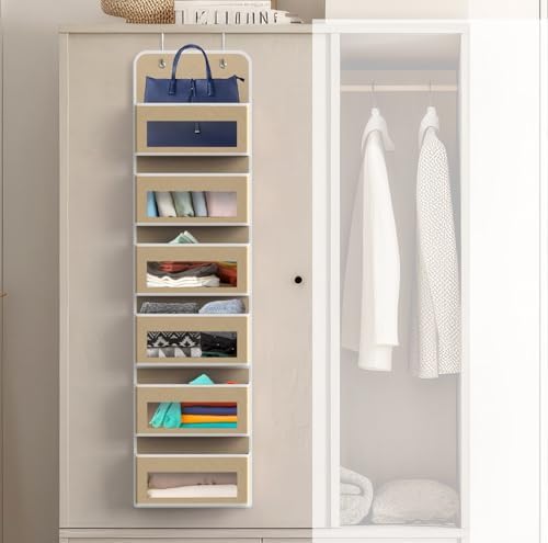 Simple Houseware 6 Clear Window Pocket Over Door Hanging Organizer, Beige