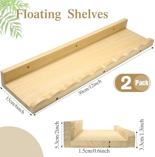 Suzile 2 Pcs Scalloped Floating Wall Shelves,12",Natural | Scalloped Edge, Book Display, Plant Display, Photo Frames, Toy Storage, Nursery, Bedroom, Bathroom, Aesthetic Decor