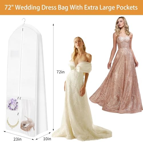 72" Wedding Dress Garment Bag with Bride Tote Bag 10'' Gusseted Dress Bags for Gowns Long 4 Pockets Dress Bag Garment Storage Cover for Women, White