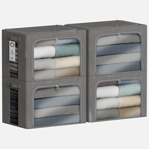 4 Pack Clothes Storage Bins with Metal Frame - 66L Stackable Storage Box with Lid，Foldable Storage Container Organizer for Clothes，Linen Fabric Storage Box with Clear Window＆Zippers＆Handles