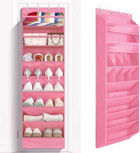 1 Pack 8 Shelves Over The Door Shoe Organizer, 68" Exlarge Deep Pockets | Hanging Shoe Organizer, Shoe Rack for Closet, Shoe Holder for Boots, Sneakers, Heels, Over Door Organizer in Home, Dorm, Pink