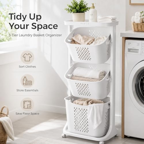 3 Tier Laundry Basket, Stackable Rolling Laundry Sorte Multi-functional Clothes Washing Storage Hamper Bin with Wheels for Bathroom, Household Kitchen (White)
