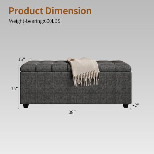 38" Dark Grey Fabric Storage Ottoman Bench with Hinged Lid