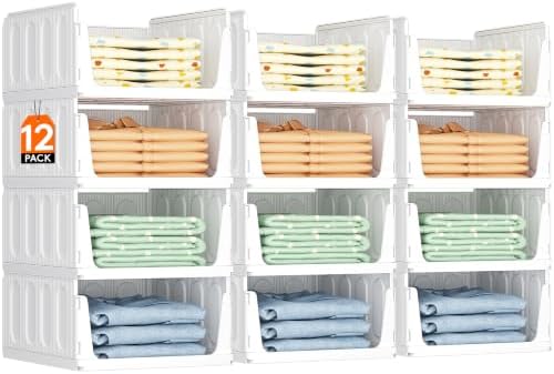 Lifewit 12 Pack Stackable Closet Organizers and Storage Basket for Clothes, Plastic Sweater Storage Bins for Wardrobe, Stacking Clothing Containers for RV, Pantry, Shelf, Kitchen, Dorm, 14" Depth