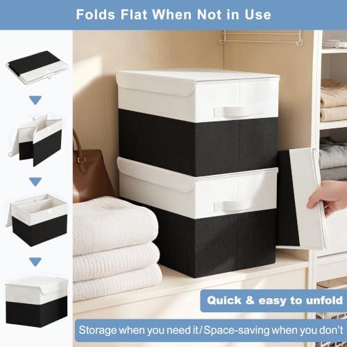 Large 17" 42 Quarts Collapsible Stackable Storage Bins with Lids [3-Pack] Foldable Fabric Linen Storage Boxes Cube, Closet Organizer Baskets with Label for Home (16.7 x 12 x 12", Black & White)