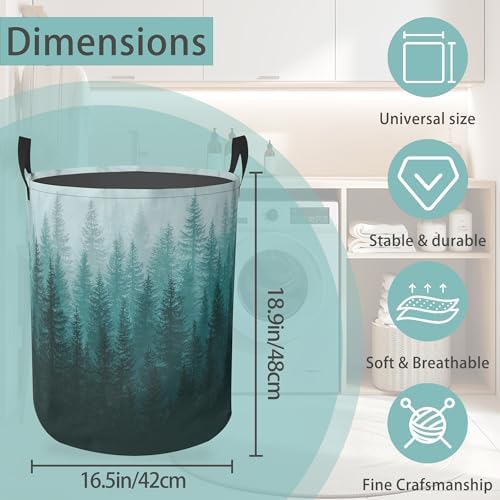 Green Misty Forest Round Laundry Hamper Storage Basket Toys Clothes Organizer Bin For Home Bathroom Bedroom Dorm Nursery