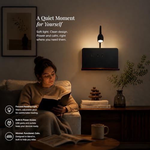 Bedside Wall Sconce with Wireless Charging Station & USB Charging, 3 Adjustable Color Temperatures LED Reading Light, 3000K Warm Ambient lighting Wall Mounted Sconce for Bedroom, Plug-in or Hardwired