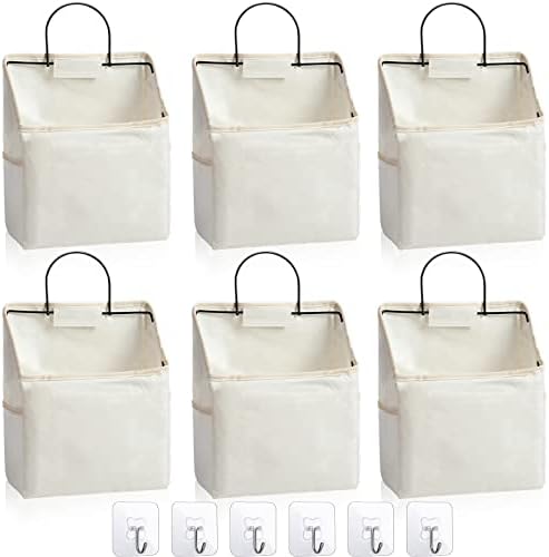 Chumia 6 Pack Wall Hanging Storage Basket Bathroom Closet Hanging Storage Bag over the Door Organizer Basket Bedroom Wall Organizer Waterproof Linen Cotton Box Containers and 10 Hooks(White)