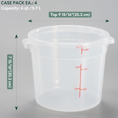 CURTA 6 Quart Translucent Round Food Storage Container with Lid, Pack of 4 – NSF Listed, BPA-Free, Commercial-Grade Polypropylene, Freezer & Dishwasher Safe, Non-Stick, Easy-Read Graduations