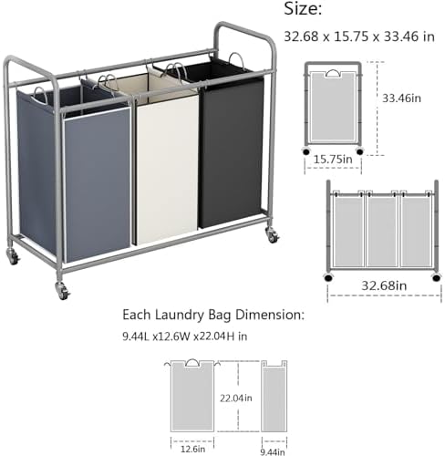 LINZINAR 3 Bags Laundry Hamper Assorted Laundry Basket 135L Laundry Sorter | Laundry Room Organization with Heavy Duty Rolling Lockable Wheels and Removable Bag, Bedroom Laundry Cart for Clothes Storage