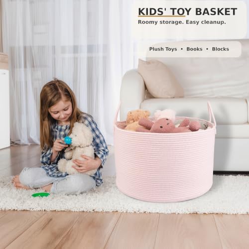 XUANGUO 66L Large Blanket Basket, Round Cotton Rope Basket, Light Pink