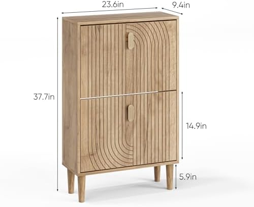 Shoe Cabinet Storage for Entryway with 2 Flip Drawers, Narrow Shoe Cabinet for Entryway, Hidden Slim Shoe Organizer Rack Cabinet (Natural, 23.6" W)