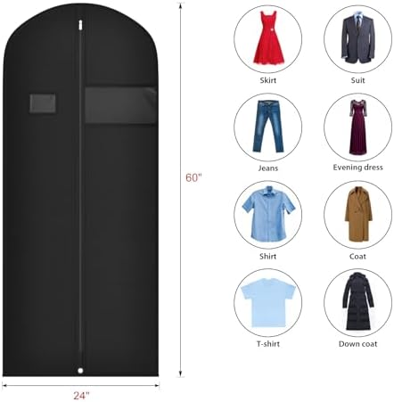 Univivi 60 Inch Long Garment Bags for Hanging Clothes, 5 Pack, Black