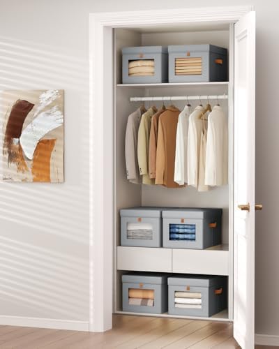 Homsorout Storage Bins with Lid – Closet Organizer with Side Opening and Clear Window, Foldable Stackable Fabric Basket for Clothes, Home, Office - 13.77" x 11.8" x 9.8", 5 Pack, Grey