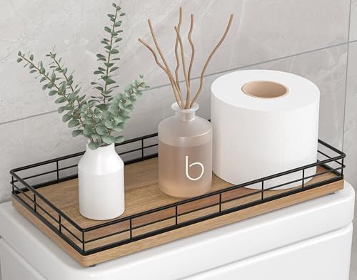 Toilet Paper Basket Organizer, Acacia Wood Toilet Tank Tray, Metal Frame