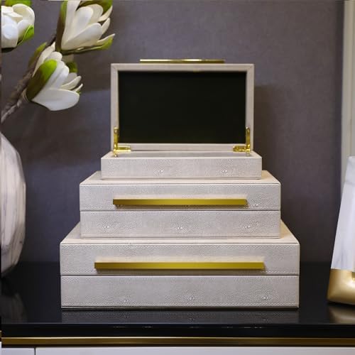 Modern Decorative Box Faux Shagreen Leather, Decorative Storage Boxes with Lids for Home Decor, Large Multifunctional Storage Jewelry Box Organizer(white 3PCS)