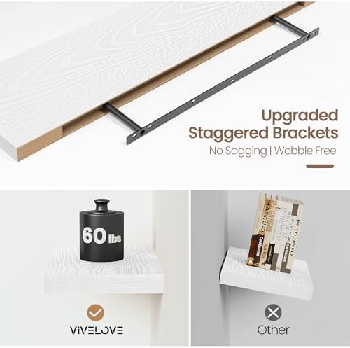 Vivelove Floating Shelves 9 inch Deep 48”Long Set of 2, White | Easy Install With Hardware, 1.5" Thick, Invisible Brackets, Wall Mounted, No Sagging, For Any Room