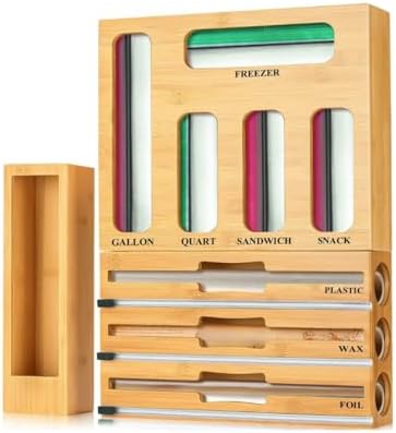 9 in 1 Storage Bag Organizer for Kitchen Drawer, Bamboo Foil and Plastic Wrap Dispenser with Cutter, Food Storage Bag Organizer for Quart, Gallon, Sandwich & Snack Bags, Aluminum Foil Organizer