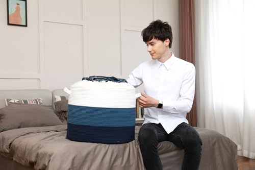 20x15 Inch Extra Large Round Cotton Rope Storage Basket with Lid, Decorative Woven Bin with Cover for Living Room Bedroom Closet, Blue & Deep Blue