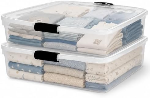HOMZ 2-Pack Under Bed Storage, Clear Plastic Containers with Lids, 56 Quart, Gray Latch - Stackable Underbed Organizer Bins for Shoes, Bags, Clothes, and Towels