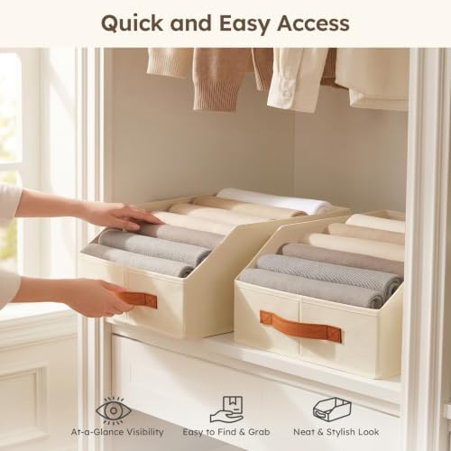 Homsorout Fabric Storage Bins for Organizing - 12 Pack Large Trapezoid Collapsible Storage Bins with Front Handle, Closet Organizers and Storage for Bedroom, Home Shelves, Small Spaces, Beige