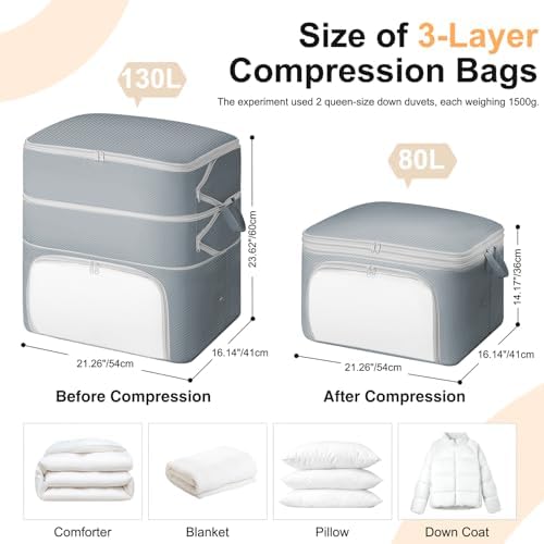 Comforter Storage Bag - 130L Blanket Storage Bags Front-opening Ultra Space Saving Self Compression Organizer, Washable Compression Bags for Storage Comforter Blanket, 2 Pack, Grey