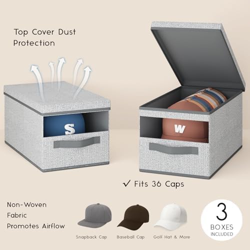 Homsorout Hat Organizer for Baseball Caps - 3 Pack Stackable Foldable Protective Lids Hat Storage Box with Clear Window Baseball cap organizer for Closet, Bedroom, Rv, Ant Gray
