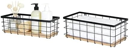 ShabbyDecor Metal Wire Basket for Kitchen Cabinets,Pantry,Bathroom,Set of 2 | Detachable Wood Base Metal Storage Organizer, Farmhouse Hanging Basket