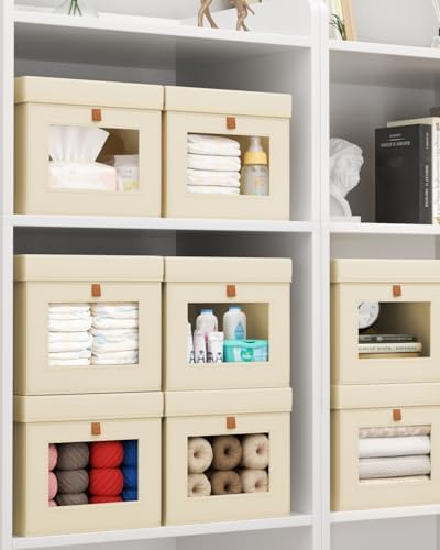 Homsorout Storage Bins with Lid – Closet Organizer with Side Opening and Clear Window, Foldable Stackable Fabric Basket for Clothes, Home, Office - 13.77" x 11.8" x 9.8", 6 Pack, Beige