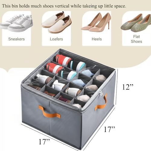 Foldable Shoe Organizer Box, Stackable Storage Bin, Gray, 2 Pack
