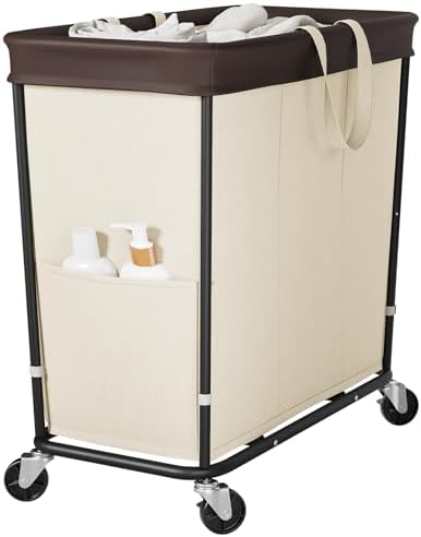 320L Laundry Basket with Wheels, 3-Section Rolling Hamper for Laundry, Extra Large Laundry Hamper with Wheels, Clothes Hamper Rolling Laundry Basket for Home, Bathrooms and Dorm(Beige)