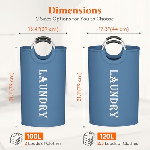 Lifewit 2 Pack 100L Laundry Basket with Aluminum Handles, Blue | Collapsible Large Laundry Hamper, Waterproof Fabric, Freestanding Dirty Clothes Hampers for Dorm, RV, Bedroom, Laundry Room