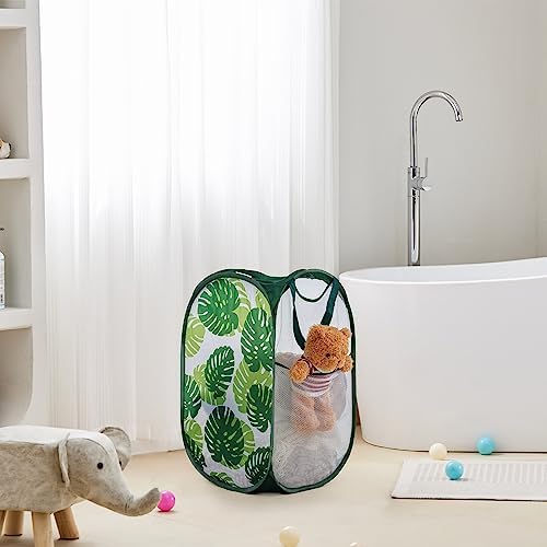 TECHMILLY Collapsible Mesh Pop Up Laundry Hamper with Sturdy Handles and Side Pocket - Portable Foldable Clothes Baskets for Dorm, Bathroom & Travel Storage (Green Leaf)