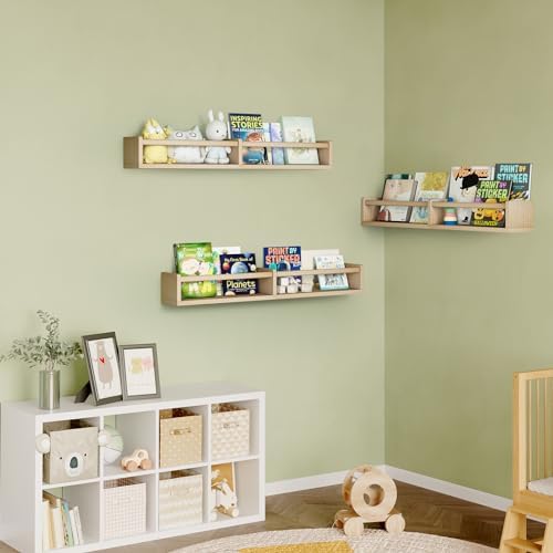 Fixwal Floating Nursery Book Shelves for Wall, 32in, Set of 3, Natural Wood | Solid wood shelves store kids' books, toys and clothing. Fits kids' room, playroom, nursery, living room, bedroom & bathroom.