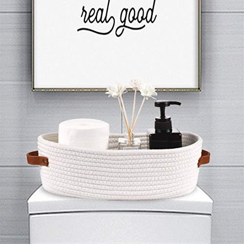 Woven Storage Basket for Toilet Tank Top,Farmhouse Home Decor Organizing Baskets for Bathroom,Table and Counter 13"x5.9"x4" White