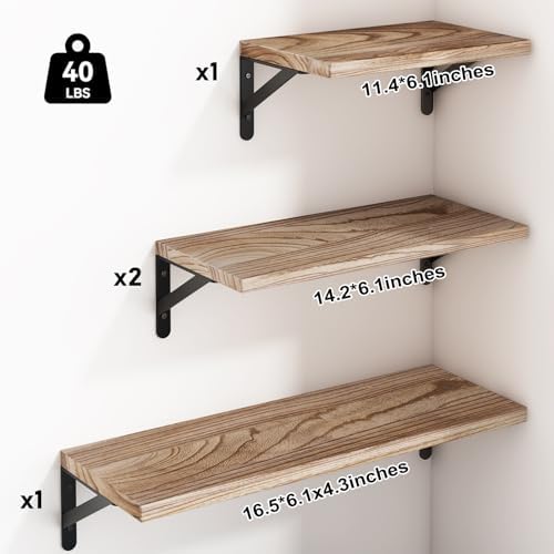 YGEOMER 4 Different Sizes Floating Shelves for Wall Decor, Light Brown | Rustic wood shelves in mixed sizes for flexible combined storage. Fits bathroom, kitchen, living room, bedroom and office.