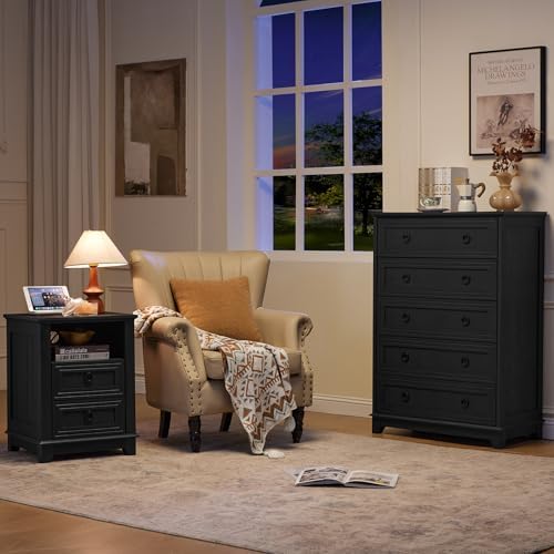 Joaxswe Farmhouse 5 Drawer Dresser for Bedroom Set of 2, 42" Tall Small Dressers & Chest of Drawers, Rustic Wood Dresser with Metal Handle, Storage Organizer Closet for Living Room, Hallway,Entryway | Chest of Drawers, Rustic Wood Dresser with Metal Ha...