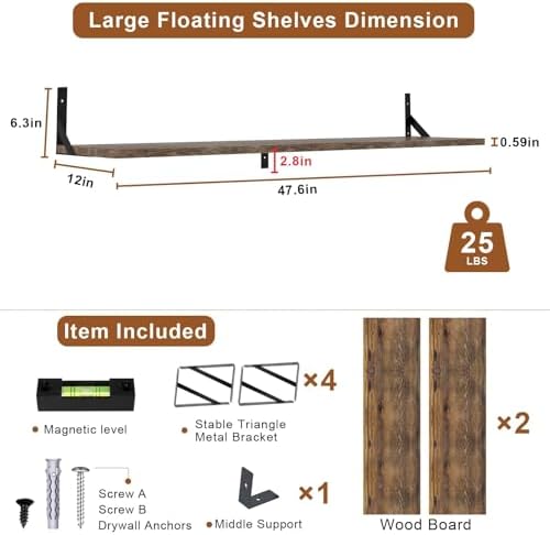 Long Wall Shelves, 48" W x 12" D Large Floating Shelves Set of 2, Wide Display Wood Shelf Wall Mounted with Heavy-Duty Metal Brackets for Bedroom Books, Living Room, Kitchen, Rustic Brown